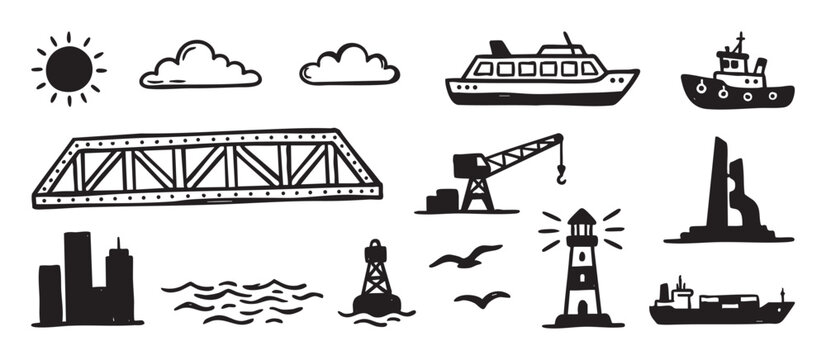 Hand-drawn collection of black harbor icons including a ship, bridge, lighthouse, crane, and city skyline in a simple, minimalist doodle illustration style