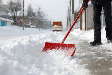 Person removing thick snow from a neighborhood sidewalk with a red snow shovel during a cold winter day after a heavy snowfall event