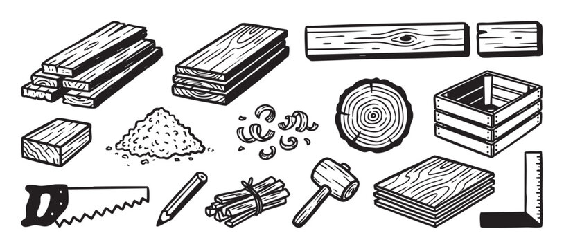 Graphic set of various woodworking elements such as planks, a log slice, a mallet, a ruler, and sawdust, drawn in a bold black and white illustrative style