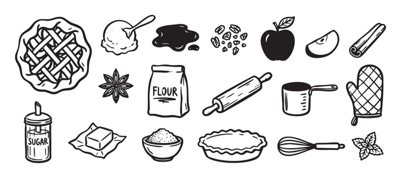 Hand-drawn black and white baking icons collection for an apple pie recipe, featuring a lattice crust pie, flour, sugar, rolling pin, whisk, and other essential kitchen utensils