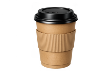 Coffee cup, plain brown paper, to go beverage packaging with black lid and protective sleeve, transparent background, mockup