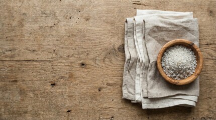 Close up of coarse sea salt in a small wooden bowl resting on linen napkins atop a rustic wooden table, highlighting natural textures and warm kitchen ambience