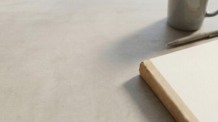 Calm, minimalist creative workspace with a blank notebook, wooden pencil, and ceramic mug on a clean desk surface, perfect for brainstorming, planning, design, or writing sessions