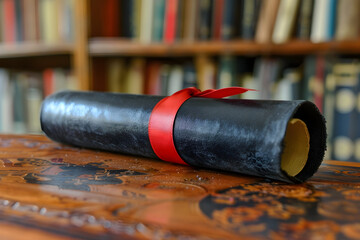Rolled scroll with red ribbon on wooden table in library