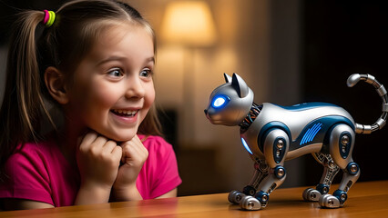 Young girl smiling while playing with a robotic cat toy indoors  