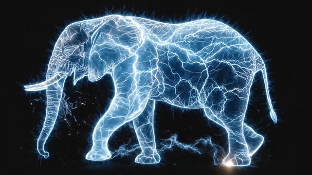 A glowing blue elephant silhouette, filled with lightning-like streaks, against a dark background
