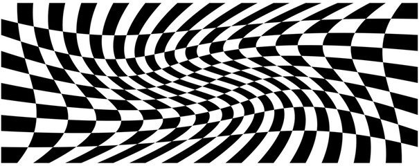 Abstract background in the form of a chessboard with a wavy pattern, creating a sense of distortion in space, is presented as a vector illustration.