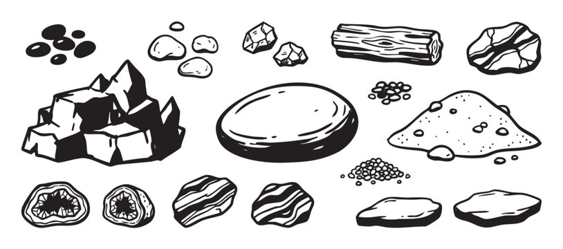 Collection of hand-drawn rocks and minerals including crystals, geodes, pebbles, sand, and petrified wood in a black and white doodle illustration style for geology themes