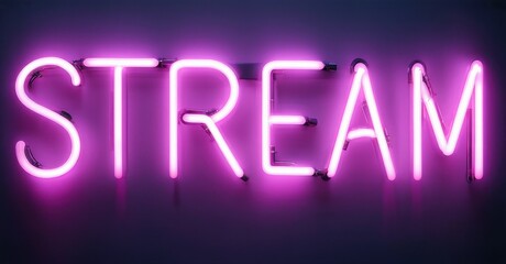 Bright pink neon sign spells STREAM. Dark background enhances glowing text. Simple, modern aesthetic. Bold lettering dominates composition.