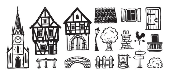 Plakat Hand-drawn black and white village constructor set with medieval half-timbered houses, a church, bridge, and other rustic architectural elements in a charming doodle sketch style