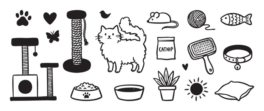 Collection of hand-drawn cat icons and pet accessories in a simple black and white doodle style, including a fluffy kitten, scratching post, toys, food, and grooming supplies