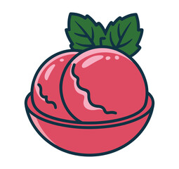 A vibrant cartoon illustration of a pink peach in a bowl with green leaves on a white background