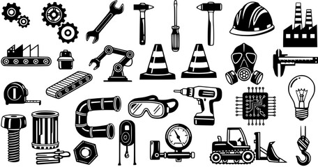 Obraz premium Industrial Manufacturing Construction Engineering Safety Tools Equipment Icons Set. Black White Glyph Symbols Collection.