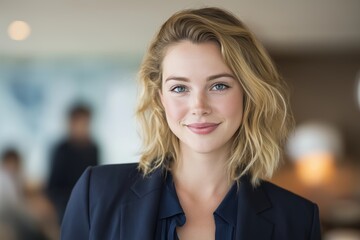 Candid portrait of a confident young blonde businesswoman smiling in a modern office