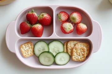 Pink silicone toddler plate with healthy snacks and fruit on white table, top view 
