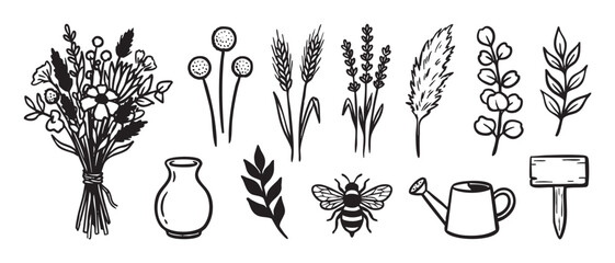 Obraz premium Collection of hand-drawn black and white botanical doodles including a wildflower bouquet, lavender, wheat, a bee, watering can, and vase in a simple, rustic sketch style