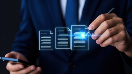 A businessman interacting with digital documents using a stylus and smartphone, highlighting secure data management.