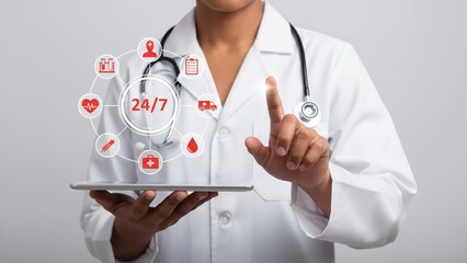 Medical professional interacting with a holographic digital healthcare interface showing 24/7 service and various medical icons.