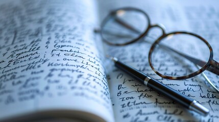 Fototapeta premium A photo of a printed study guide with a pen and glasses.
