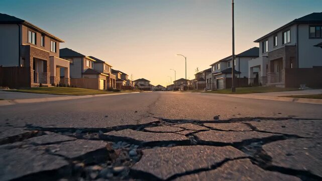 A low angle tracking shot reveals massive fissures splitting a suburban road at sunset. The cinematic 4k footage shows the devastating impact of seismic waves on urban infrastructure.