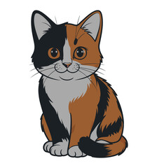 Obraz premium A cute cartoon calico cat sitting on a plain white background looking adorable