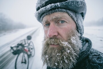 Portrait of a male winter cyclist with a frozen beard covered in ice and snow