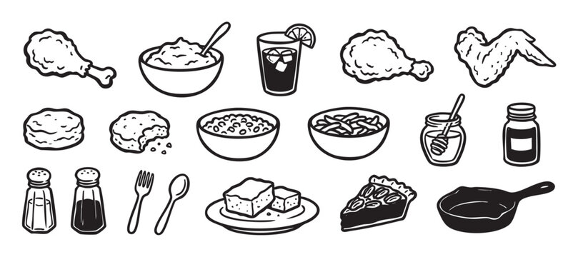 Set of hand-drawn comfort food icons in a black and white line art style showing fried chicken, biscuits, pie, cornbread, mashed potatoes, and a cast iron skillet