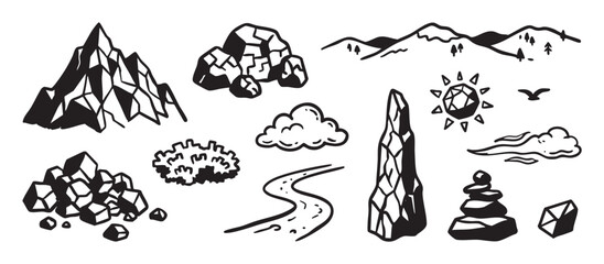 Obraz premium Collection of hand-drawn black and white nature elements including mountains, rocks, a river, clouds, and a sun, illustrated in a simple, bold, monochrome doodle style