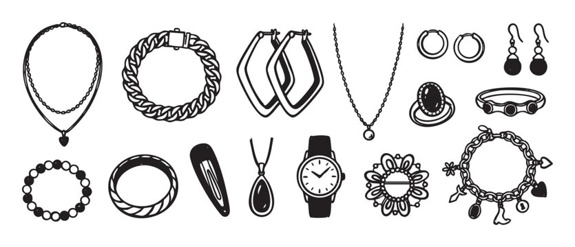 Hand-drawn black and white jewelry illustrations set featuring various fashion accessories like necklaces, rings, earrings, and a watch in a charming doodle line art style