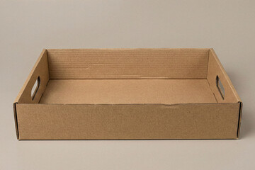 Front eye level view of an open brown cardboard crate or tray with side handles for transport