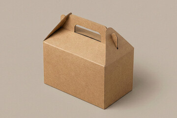 Isometric view of a blank brown cardboard gable box with carrying handle for takeaway food or gifts