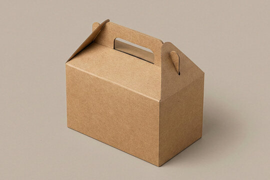 Isometric view of a blank brown cardboard gable box with carrying handle for takeaway food or gifts