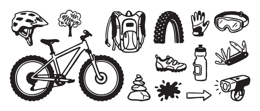 Hand-drawn black and white icon set of mountain biking equipment including a bicycle, helmet, backpack, gloves, and other accessories for outdoor adventure