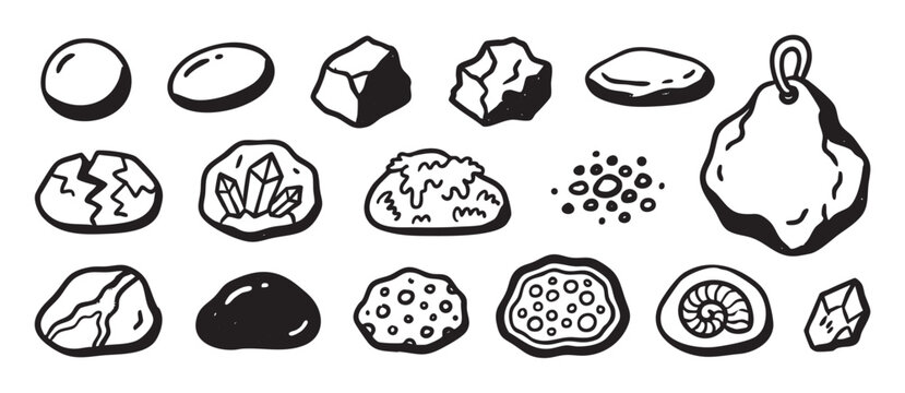 Hand drawn doodle collection of various stones, minerals, crystals, and fossils, a geology icon set with geode and ammonite in a simple black and white sketch illustration style