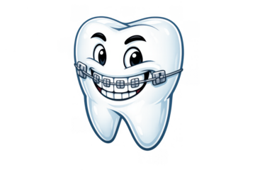 Smiling cartoon tooth mascot wearing dental braces, representing oral hygiene, orthodontic treatment, and dental health care