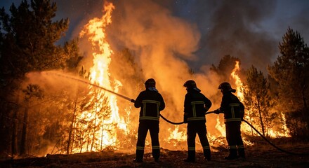Firefighters Battling Forest Fire at Dusk with Hoses