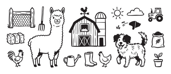 Obraz premium Set of hand-drawn farm life icons featuring a cute llama, barn, dog, chicken, tractor, and agricultural tools in a simple black and white doodle style illustration collection