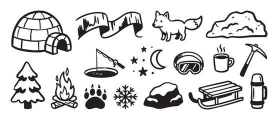 Hand-drawn winter and arctic adventure icon set with a fox, igloo, sled, campfire, and other elements in a black and white minimalist line art illustration style