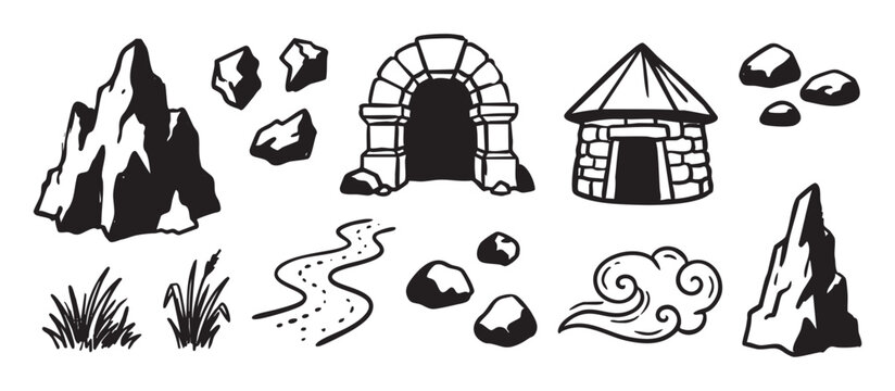 Set of hand-drawn fantasy map elements including mountains, rocks, a stone arch, and a hut, rendered in a simple black and white cartoon doodle style for world-building