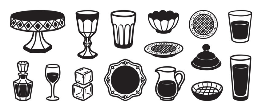Collection of black vintage style tableware illustrations featuring a decanter, glasses, pitcher, ice cubes, and an ornate tray in a bold graphic design