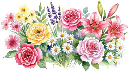 Valentine Vibrant watercolor illustration of lush mixed floral bouquet featuring pink roses yellow lilies daisies and lavender wildflowers