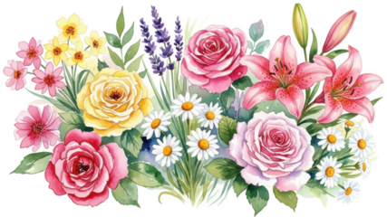 Valentine Vibrant watercolor illustration of lush mixed floral bouquet featuring pink roses yellow lilies daisies and lavender wildflowers