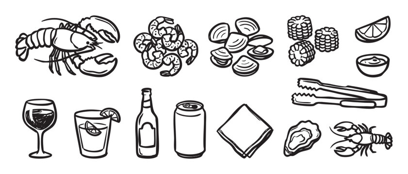 Collection of hand-drawn seafood boil icons including lobster, shrimp, clams, corn, and drinks in a black and white line art illustration style for a clambake or party