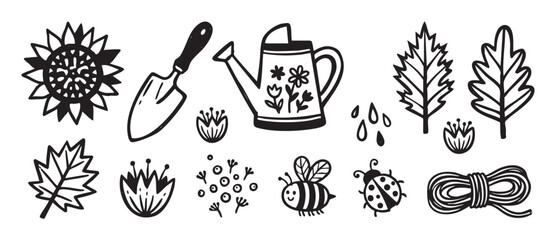 Set of hand-drawn gardening icons including a sunflower, watering can, trowel, bee, and ladybug in a simple black and white doodle style illustration for spring or summer themes