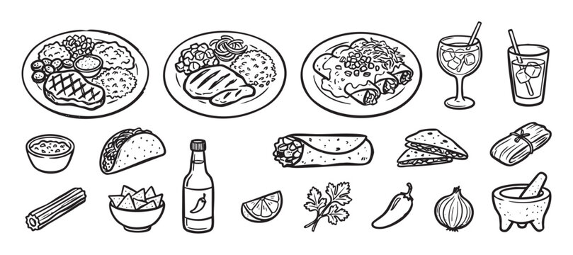 Mexican food and drink icon set hand-drawn in a black and white doodle style, featuring traditional dishes like tacos, burritos, enchiladas, quesadillas, and tamales