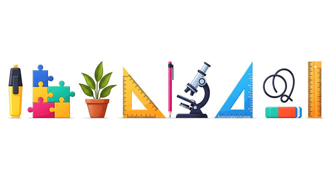 Back to school colorful school supplies and education tools arranged horizontally on a for learning and teaching