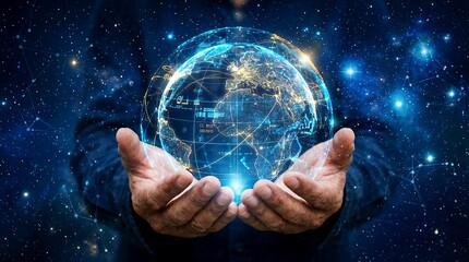 Global Network Connection in Hands - Digital Earth Technology Concept