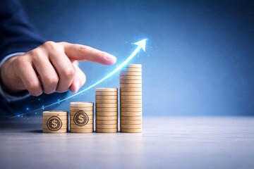 Hand touching glowing arrow rising from coin stacks, showing financial growth