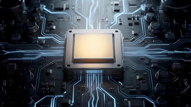 Central processor data flow animation video with modern chip design, high speed computing performance, digital signal processing, advanced hardware technology background