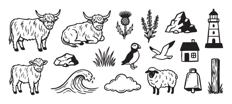 Set of rustic black line art illustrations featuring highland cattle, a puffin, a sheep, a thistle, and a lighthouse, all drawn in a simple, charming doodle style